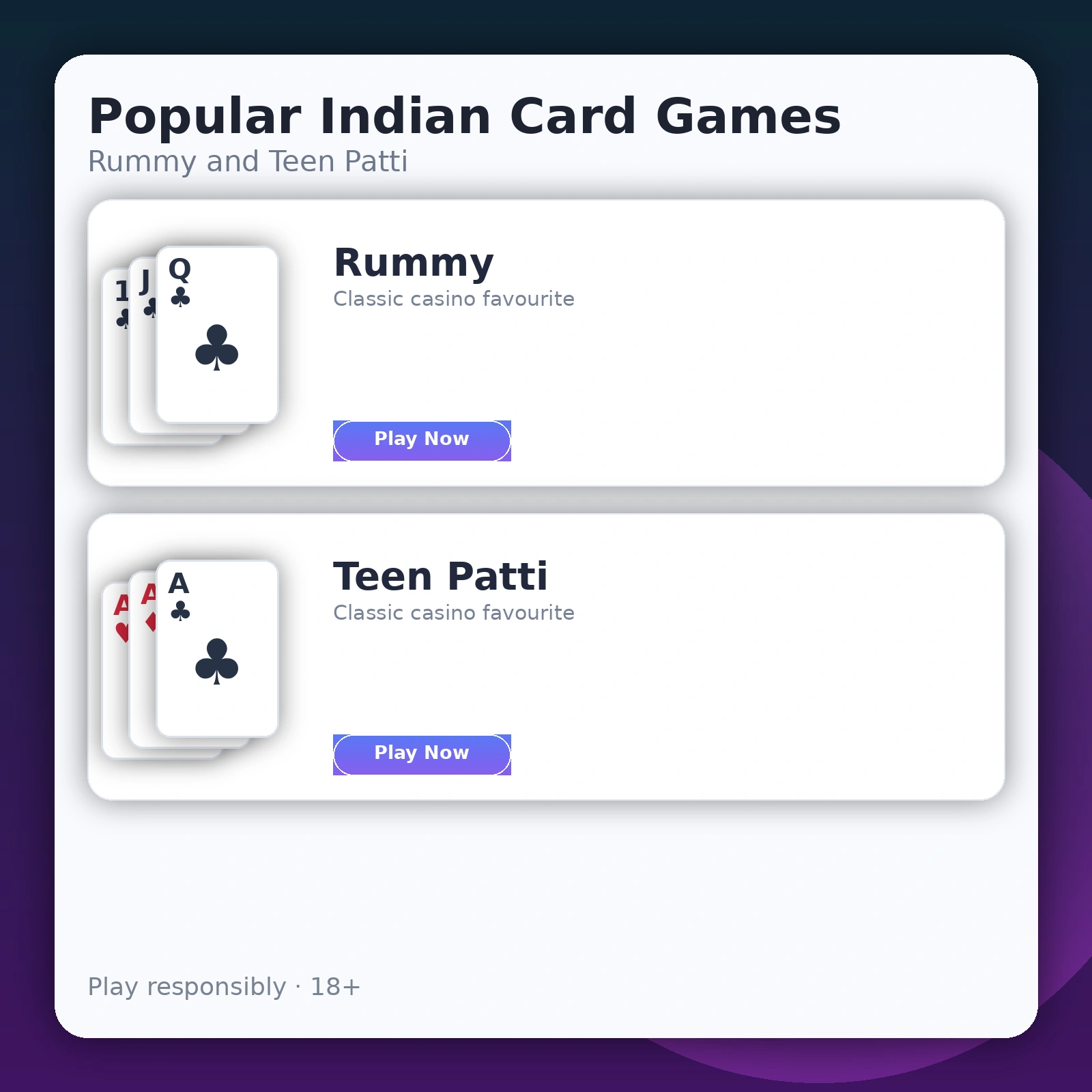 Popular Indian casino card games like Rummy and Teen Patti