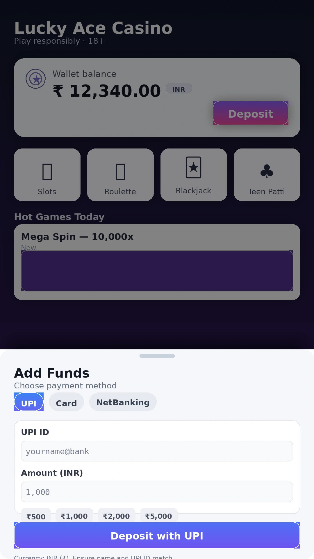 Mobile casino app interface with UPI deposit option